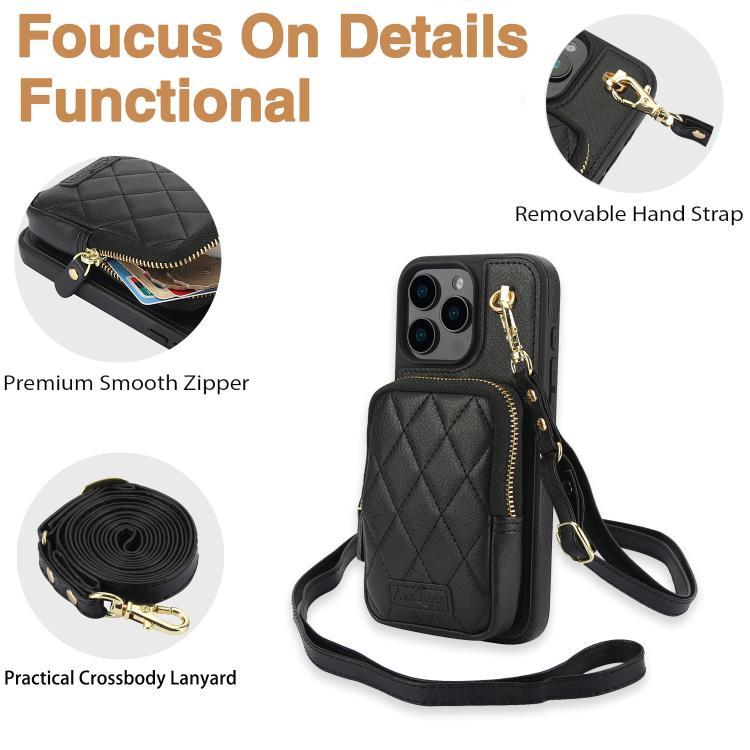Cartera con cremallera y bandolera AwQuer, funda de piel de lichi para teléfono, For iPhone 16 Pro Max, For iPhone 16 Pro, For iPhone 16 Plus, For iPhone 16, For iPhone 15 Pro Max, For iPhone 15 Pro