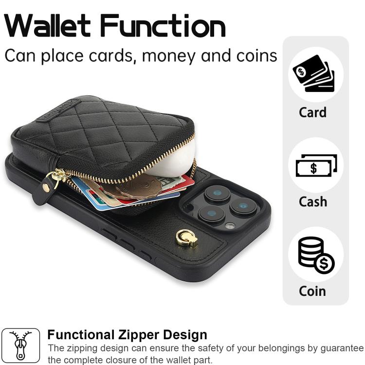 Cartera con cremallera y bandolera AwQuer, funda de piel de lichi para teléfono, For iPhone 16 Pro Max, For iPhone 16 Pro, For iPhone 16 Plus, For iPhone 16, For iPhone 15 Pro Max, For iPhone 15 Pro
