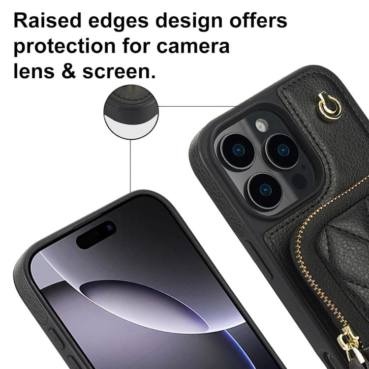 Cartera con cremallera y bandolera AwQuer, funda de piel de lichi para teléfono, For iPhone 16 Pro Max, For iPhone 16 Pro, For iPhone 16 Plus, For iPhone 16, For iPhone 15 Pro Max, For iPhone 15 Pro