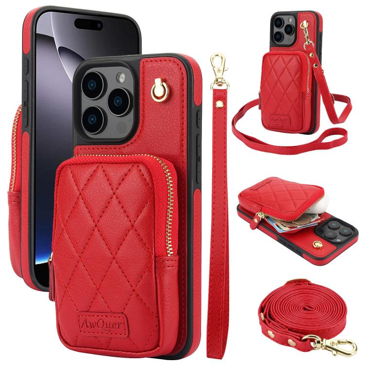Cartera con cremallera y bandolera AwQuer, funda de piel de lichi para teléfono, For iPhone 16 Pro Max, For iPhone 16 Pro, For iPhone 16 Plus, For iPhone 16, For iPhone 15 Pro Max, For iPhone 15 Pro