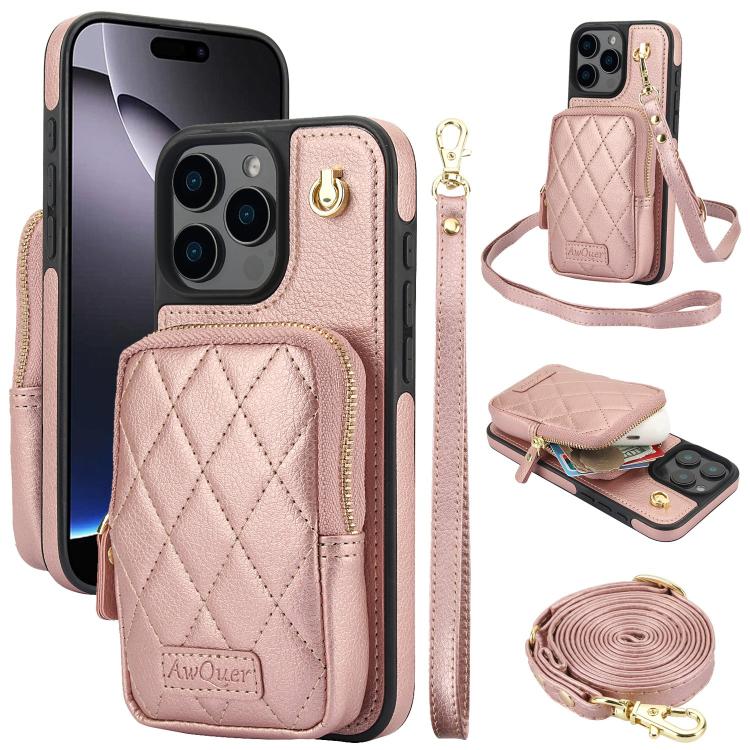 Cartera con cremallera y bandolera AwQuer, funda de piel de lichi para teléfono, For iPhone 16 Pro Max, For iPhone 16 Pro, For iPhone 16 Plus, For iPhone 16, For iPhone 15 Pro Max, For iPhone 15 Pro