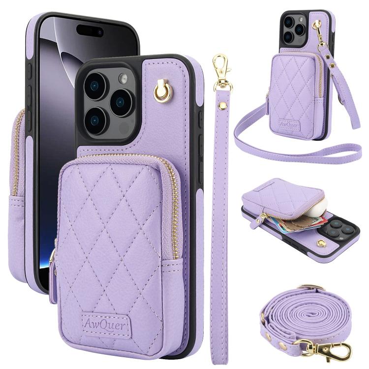 Cartera con cremallera y bandolera AwQuer, funda de piel de lichi para teléfono, For iPhone 16 Pro Max, For iPhone 16 Pro, For iPhone 16 Plus, For iPhone 16, For iPhone 15 Pro Max, For iPhone 15 Pro