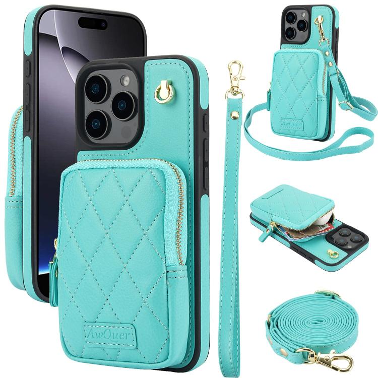 Cartera con cremallera y bandolera AwQuer, funda de piel de lichi para teléfono, For iPhone 16 Pro Max, For iPhone 16 Pro, For iPhone 16 Plus, For iPhone 16, For iPhone 15 Pro Max, For iPhone 15 Pro