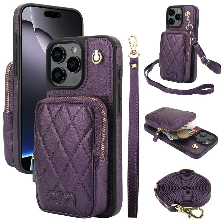 Cartera con cremallera y bandolera AwQuer, funda de piel de lichi para teléfono, For iPhone 16 Pro Max, For iPhone 16 Pro, For iPhone 16 Plus, For iPhone 16, For iPhone 15 Pro Max, For iPhone 15 Pro