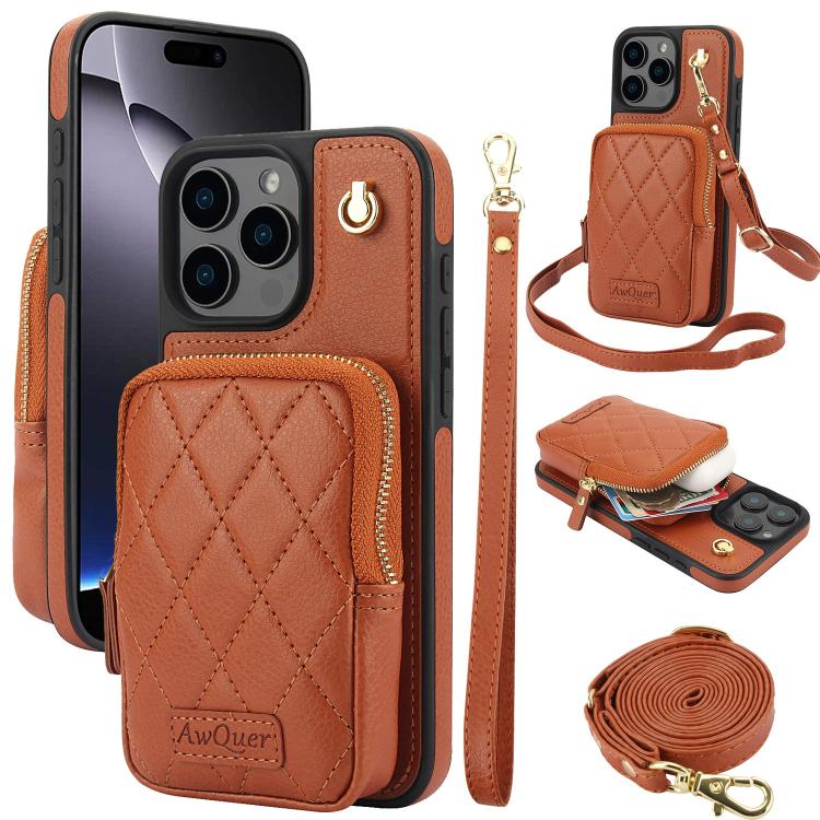 Cartera con cremallera y bandolera AwQuer, funda de piel de lichi para teléfono, For iPhone 16 Pro Max, For iPhone 16 Pro, For iPhone 16 Plus, For iPhone 16, For iPhone 15 Pro Max, For iPhone 15 Pro
