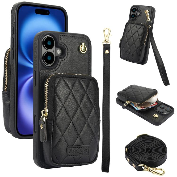 Cartera con cremallera y bandolera AwQuer, funda de piel de lichi para teléfono, For iPhone 16 Pro Max, For iPhone 16 Pro, For iPhone 16 Plus, For iPhone 16, For iPhone 15 Pro Max, For iPhone 15 Pro