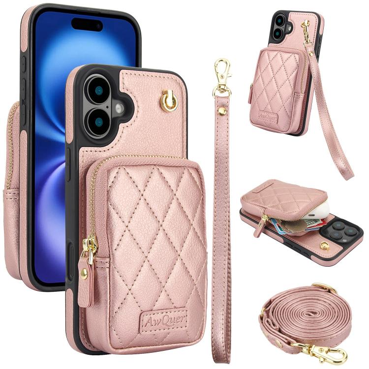 Cartera con cremallera y bandolera AwQuer, funda de piel de lichi para teléfono, For iPhone 16 Pro Max, For iPhone 16 Pro, For iPhone 16 Plus, For iPhone 16, For iPhone 15 Pro Max, For iPhone 15 Pro