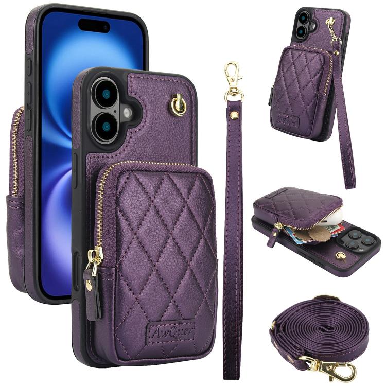 Cartera con cremallera y bandolera AwQuer, funda de piel de lichi para teléfono, For iPhone 16 Pro Max, For iPhone 16 Pro, For iPhone 16 Plus, For iPhone 16, For iPhone 15 Pro Max, For iPhone 15 Pro