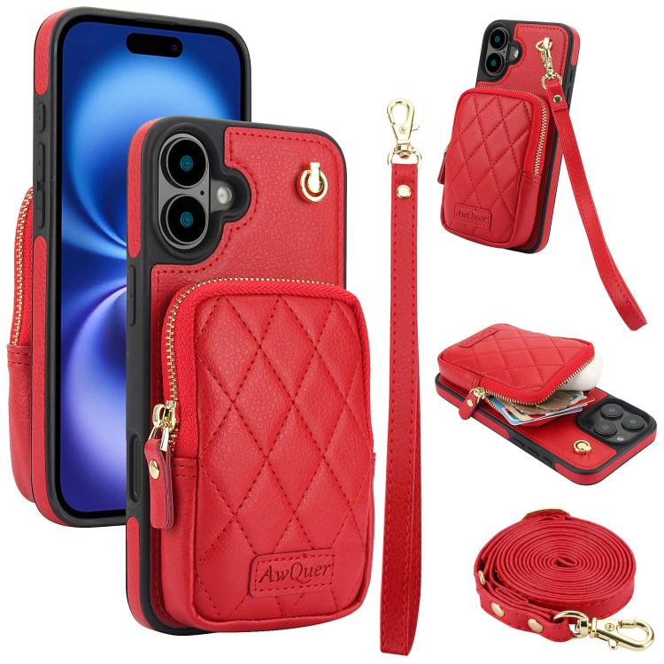 Cartera con cremallera y bandolera AwQuer, funda de piel de lichi para teléfono, For iPhone 16 Pro Max, For iPhone 16 Pro, For iPhone 16 Plus, For iPhone 16, For iPhone 15 Pro Max, For iPhone 15 Pro