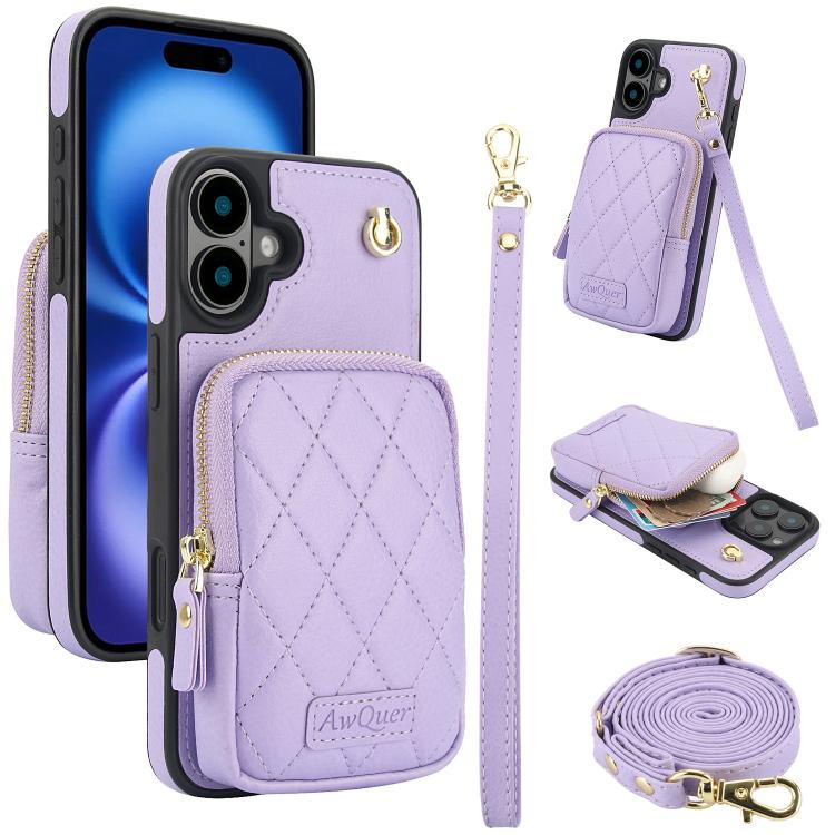 Cartera con cremallera y bandolera AwQuer, funda de piel de lichi para teléfono, For iPhone 16 Pro Max, For iPhone 16 Pro, For iPhone 16 Plus, For iPhone 16, For iPhone 15 Pro Max, For iPhone 15 Pro
