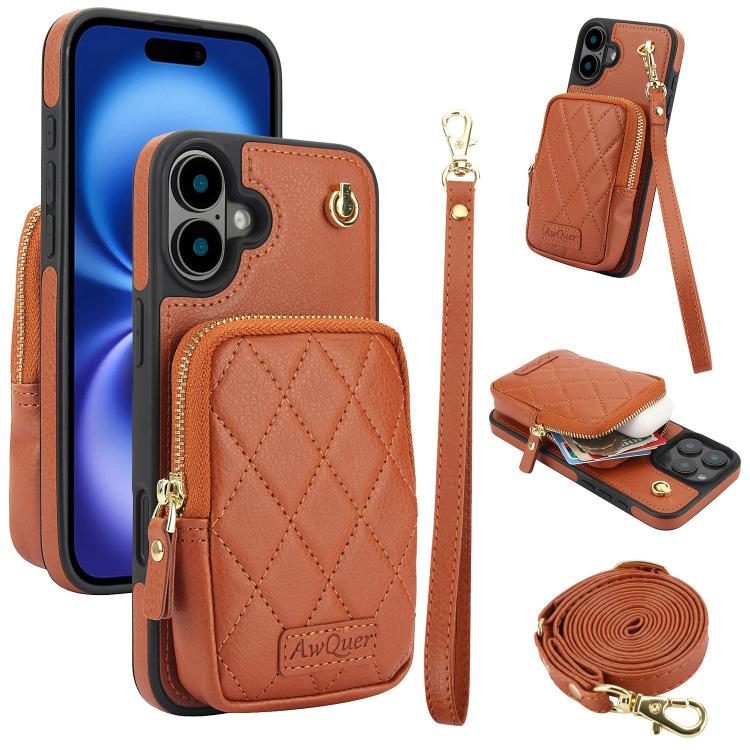 Cartera con cremallera y bandolera AwQuer, funda de piel de lichi para teléfono, For iPhone 16 Pro Max, For iPhone 16 Pro, For iPhone 16 Plus, For iPhone 16, For iPhone 15 Pro Max, For iPhone 15 Pro