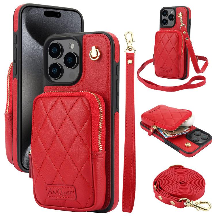 Cartera con cremallera y bandolera AwQuer, funda de piel de lichi para teléfono, For iPhone 16 Pro Max, For iPhone 16 Pro, For iPhone 16 Plus, For iPhone 16, For iPhone 15 Pro Max, For iPhone 15 Pro