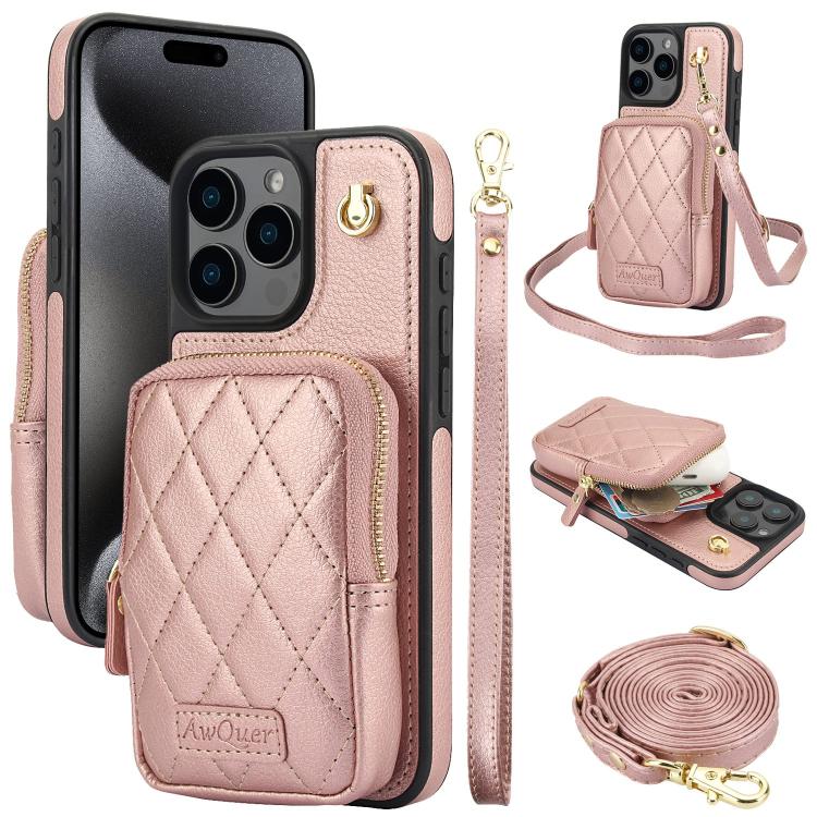 Cartera con cremallera y bandolera AwQuer, funda de piel de lichi para teléfono, For iPhone 16 Pro Max, For iPhone 16 Pro, For iPhone 16 Plus, For iPhone 16, For iPhone 15 Pro Max, For iPhone 15 Pro