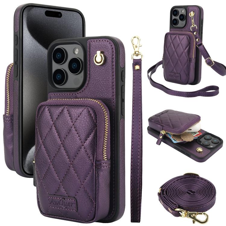 Cartera con cremallera y bandolera AwQuer, funda de piel de lichi para teléfono, For iPhone 16 Pro Max, For iPhone 16 Pro, For iPhone 16 Plus, For iPhone 16, For iPhone 15 Pro Max, For iPhone 15 Pro