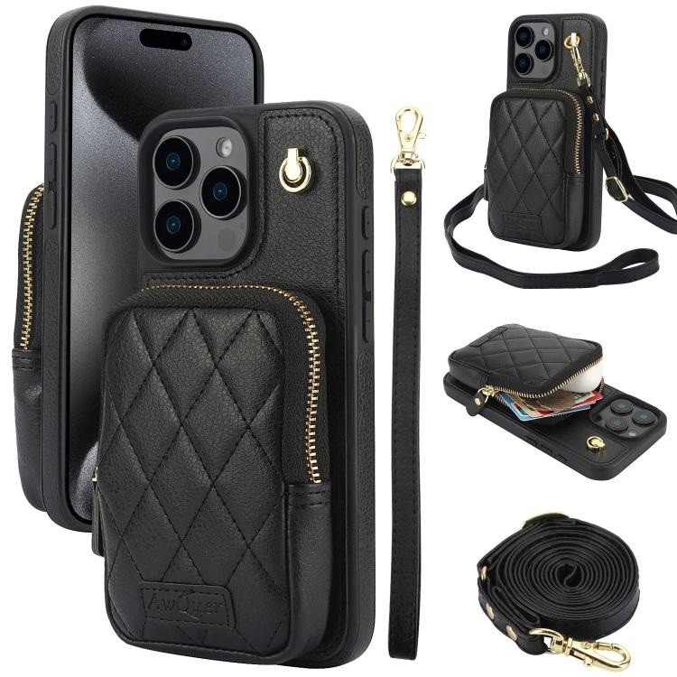 Cartera con cremallera y bandolera AwQuer, funda de piel de lichi para teléfono, For iPhone 16 Pro Max, For iPhone 16 Pro, For iPhone 16 Plus, For iPhone 16, For iPhone 15 Pro Max, For iPhone 15 Pro