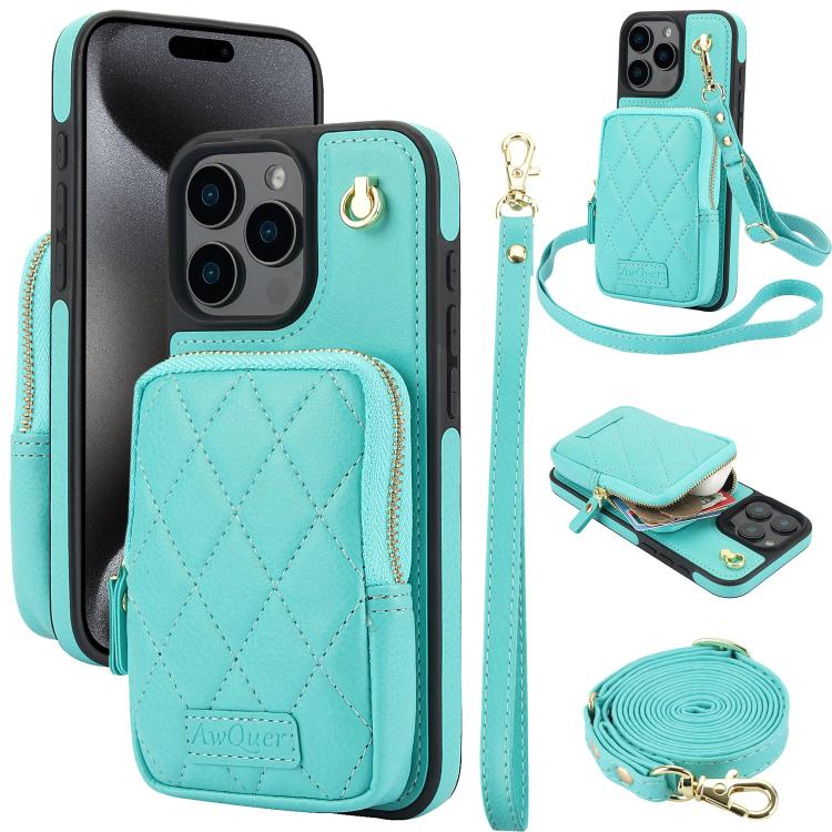 Cartera con cremallera y bandolera AwQuer, funda de piel de lichi para teléfono, For iPhone 16 Pro Max, For iPhone 16 Pro, For iPhone 16 Plus, For iPhone 16, For iPhone 15 Pro Max, For iPhone 15 Pro