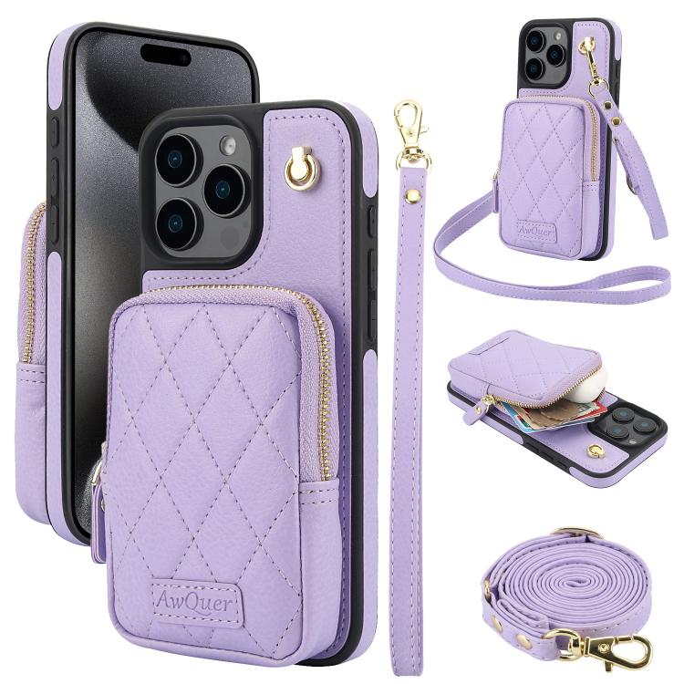 Cartera con cremallera y bandolera AwQuer, funda de piel de lichi para teléfono, For iPhone 16 Pro Max, For iPhone 16 Pro, For iPhone 16 Plus, For iPhone 16, For iPhone 15 Pro Max, For iPhone 15 Pro