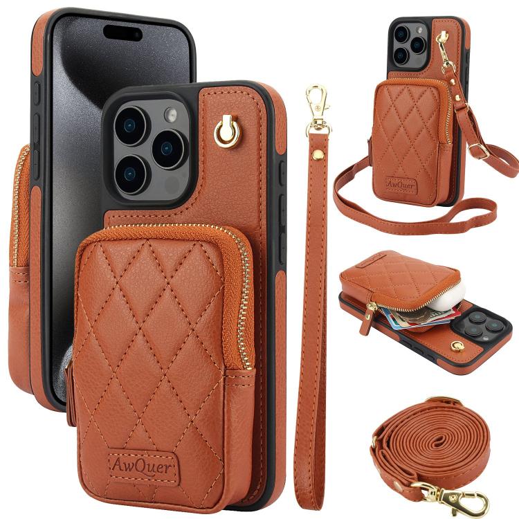 Cartera con cremallera y bandolera AwQuer, funda de piel de lichi para teléfono, For iPhone 16 Pro Max, For iPhone 16 Pro, For iPhone 16 Plus, For iPhone 16, For iPhone 15 Pro Max, For iPhone 15 Pro