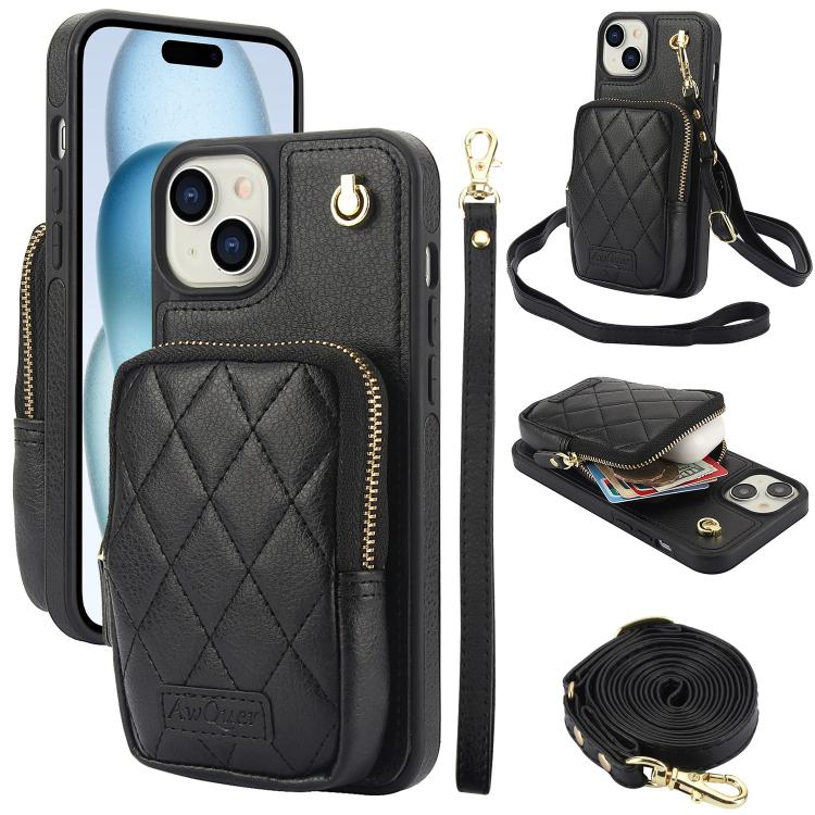 Cartera con cremallera y bandolera AwQuer, funda de piel de lichi para teléfono, For iPhone 15 Plus, For iPhone 15, For iPhone 14 Plus, For iPhone 14 / 13, For iPhone 14 Pro, For iPhone 14 Pro Max