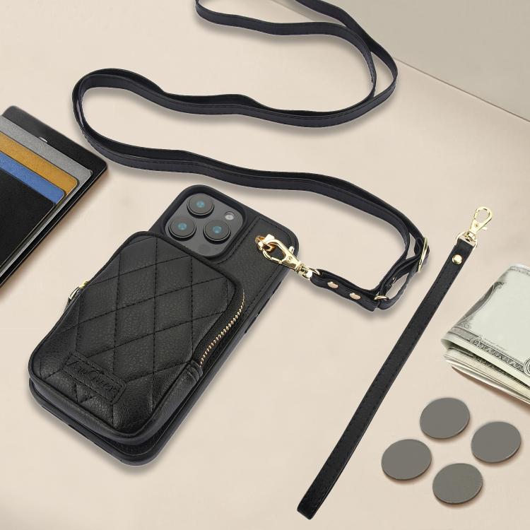 Cartera con cremallera y bandolera AwQuer, funda de piel de lichi para teléfono, For iPhone 15 Plus, For iPhone 15, For iPhone 14 Plus, For iPhone 14 / 13, For iPhone 14 Pro, For iPhone 14 Pro Max
