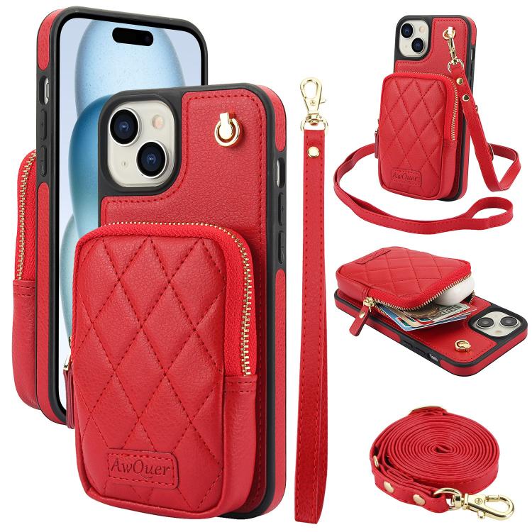 Cartera con cremallera y bandolera AwQuer, funda de piel de lichi para teléfono, For iPhone 15 Plus, For iPhone 15, For iPhone 14 Plus, For iPhone 14 / 13, For iPhone 14 Pro, For iPhone 14 Pro Max