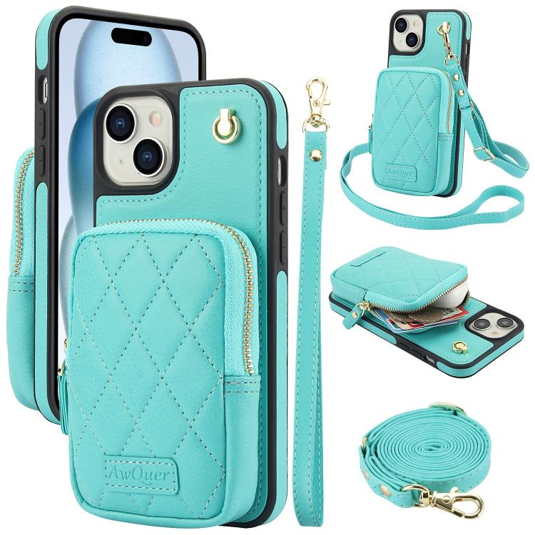 Cartera con cremallera y bandolera AwQuer, funda de piel de lichi para teléfono, For iPhone 15 Plus, For iPhone 15, For iPhone 14 Plus, For iPhone 14 / 13, For iPhone 14 Pro, For iPhone 14 Pro Max