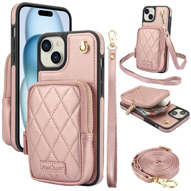 Cartera con cremallera y bandolera AwQuer, funda de piel de lichi para teléfono, For iPhone 15 Plus, For iPhone 15, For iPhone 14 Plus, For iPhone 14 / 13, For iPhone 14 Pro, For iPhone 14 Pro Max
