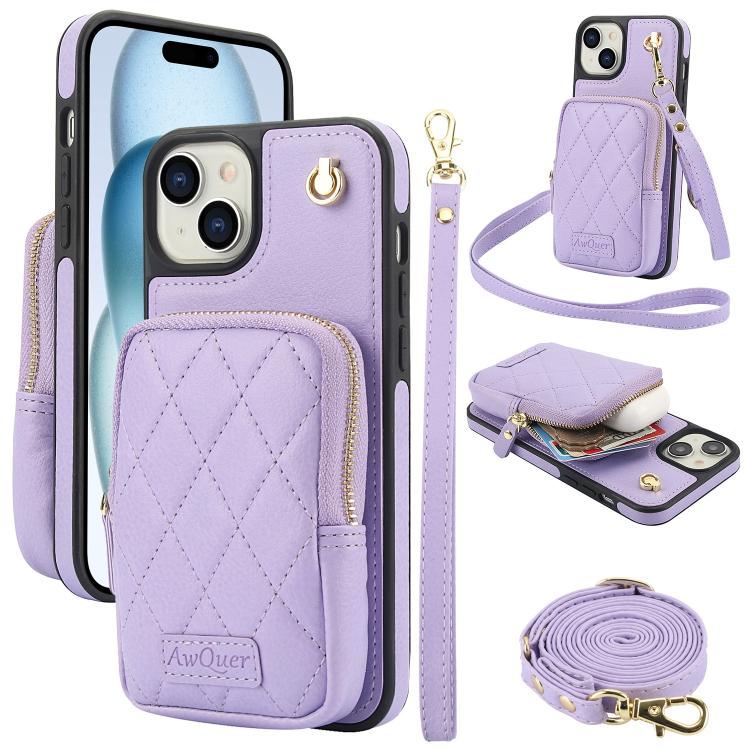 Cartera con cremallera y bandolera AwQuer, funda de piel de lichi para teléfono, For iPhone 15 Plus, For iPhone 15, For iPhone 14 Plus, For iPhone 14 / 13, For iPhone 14 Pro, For iPhone 14 Pro Max