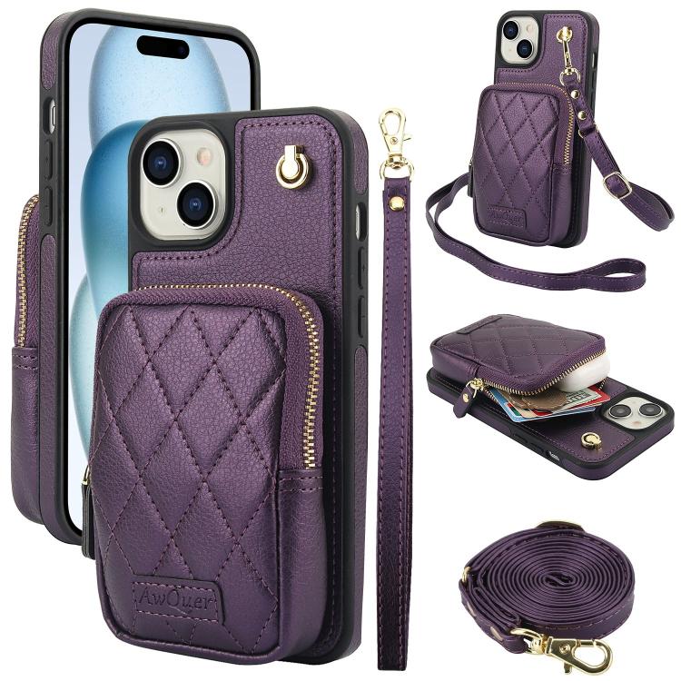Cartera con cremallera y bandolera AwQuer, funda de piel de lichi para teléfono, For iPhone 15 Plus, For iPhone 15, For iPhone 14 Plus, For iPhone 14 / 13, For iPhone 14 Pro, For iPhone 14 Pro Max