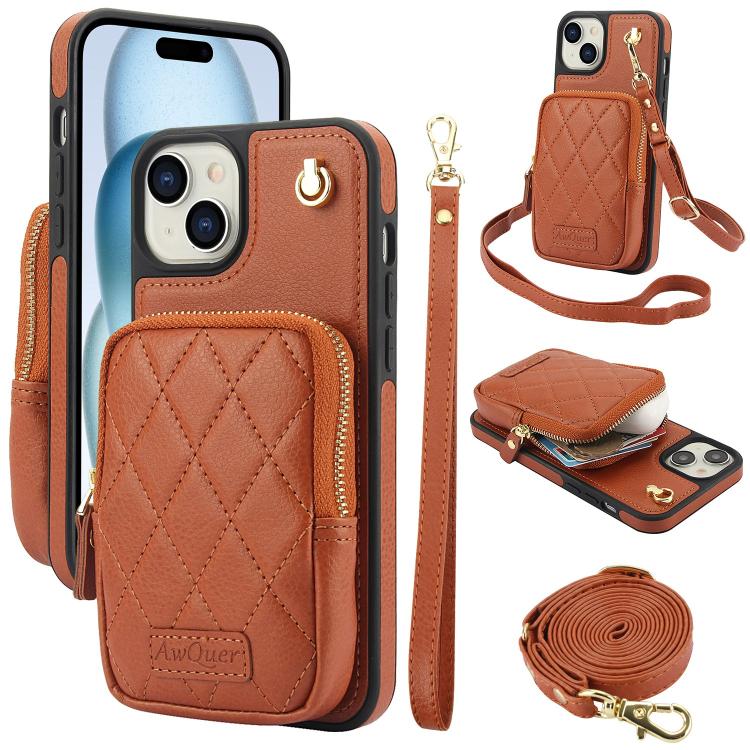 Cartera con cremallera y bandolera AwQuer, funda de piel de lichi para teléfono, For iPhone 15 Plus, For iPhone 15, For iPhone 14 Plus, For iPhone 14 / 13, For iPhone 14 Pro, For iPhone 14 Pro Max