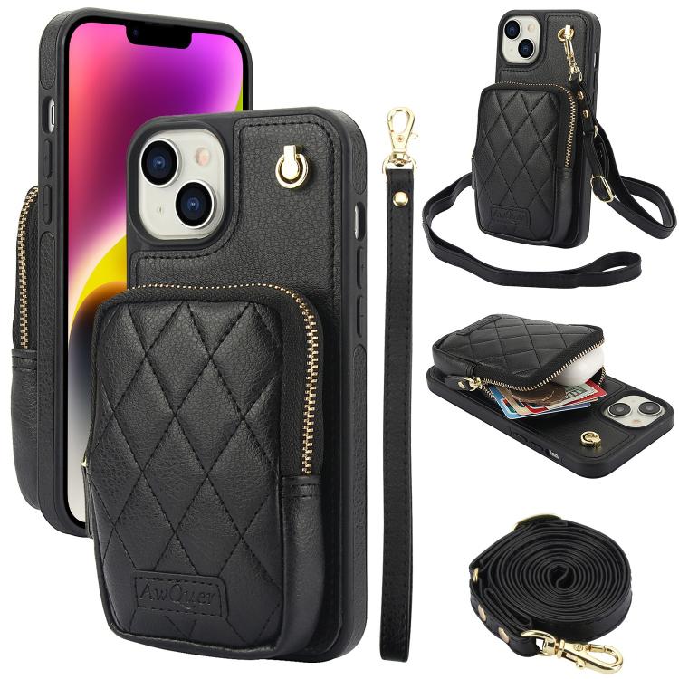 Cartera con cremallera y bandolera AwQuer, funda de piel de lichi para teléfono, For iPhone 15 Plus, For iPhone 15, For iPhone 14 Plus, For iPhone 14 / 13, For iPhone 14 Pro, For iPhone 14 Pro Max