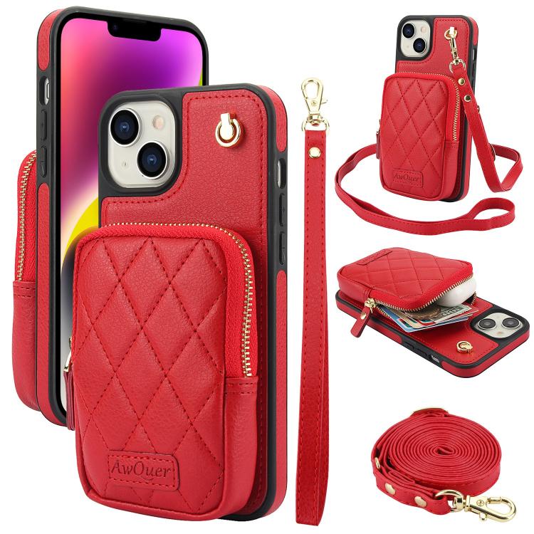 Cartera con cremallera y bandolera AwQuer, funda de piel de lichi para teléfono, For iPhone 15 Plus, For iPhone 15, For iPhone 14 Plus, For iPhone 14 / 13, For iPhone 14 Pro, For iPhone 14 Pro Max