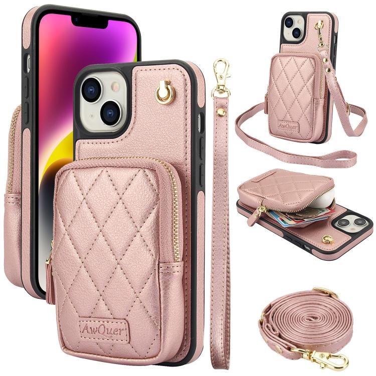 Cartera con cremallera y bandolera AwQuer, funda de piel de lichi para teléfono, For iPhone 15 Plus, For iPhone 15, For iPhone 14 Plus, For iPhone 14 / 13, For iPhone 14 Pro, For iPhone 14 Pro Max