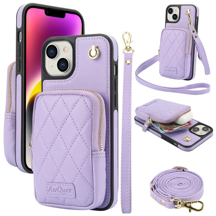 Cartera con cremallera y bandolera AwQuer, funda de piel de lichi para teléfono, For iPhone 15 Plus, For iPhone 15, For iPhone 14 Plus, For iPhone 14 / 13, For iPhone 14 Pro, For iPhone 14 Pro Max