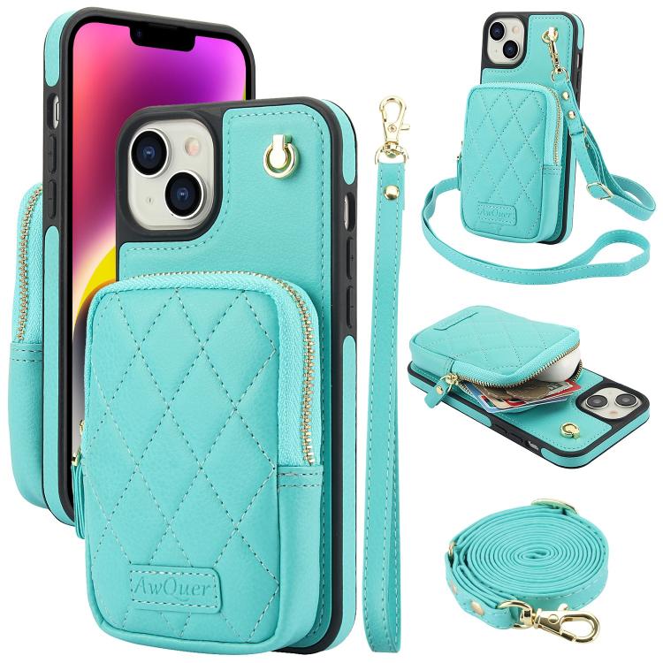 Cartera con cremallera y bandolera AwQuer, funda de piel de lichi para teléfono, For iPhone 15 Plus, For iPhone 15, For iPhone 14 Plus, For iPhone 14 / 13, For iPhone 14 Pro, For iPhone 14 Pro Max