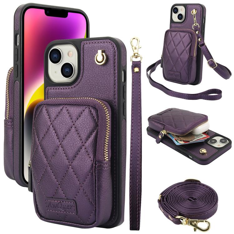 Cartera con cremallera y bandolera AwQuer, funda de piel de lichi para teléfono, For iPhone 15 Plus, For iPhone 15, For iPhone 14 Plus, For iPhone 14 / 13, For iPhone 14 Pro, For iPhone 14 Pro Max