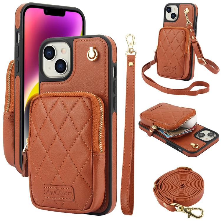 Cartera con cremallera y bandolera AwQuer, funda de piel de lichi para teléfono, For iPhone 15 Plus, For iPhone 15, For iPhone 14 Plus, For iPhone 14 / 13, For iPhone 14 Pro, For iPhone 14 Pro Max