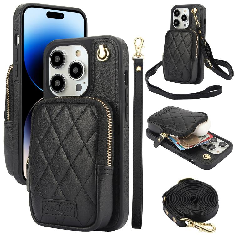 Cartera con cremallera y bandolera AwQuer, funda de piel de lichi para teléfono, For iPhone 15 Plus, For iPhone 15, For iPhone 14 Plus, For iPhone 14 / 13, For iPhone 14 Pro, For iPhone 14 Pro Max