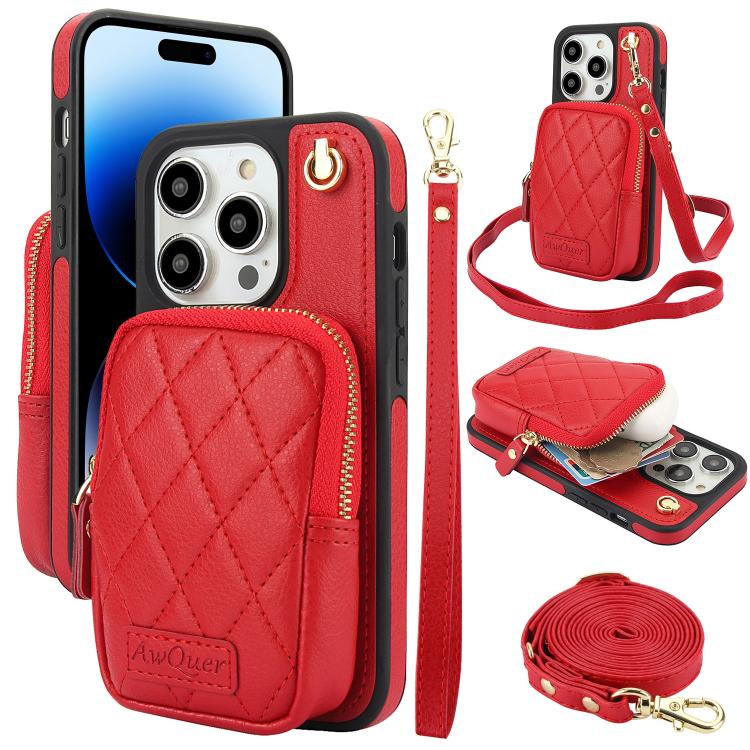 Cartera con cremallera y bandolera AwQuer, funda de piel de lichi para teléfono, For iPhone 15 Plus, For iPhone 15, For iPhone 14 Plus, For iPhone 14 / 13, For iPhone 14 Pro, For iPhone 14 Pro Max