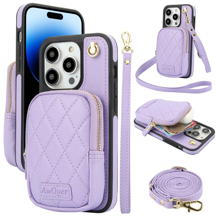 Cartera con cremallera y bandolera AwQuer, funda de piel de lichi para teléfono, For iPhone 15 Plus, For iPhone 15, For iPhone 14 Plus, For iPhone 14 / 13, For iPhone 14 Pro, For iPhone 14 Pro Max