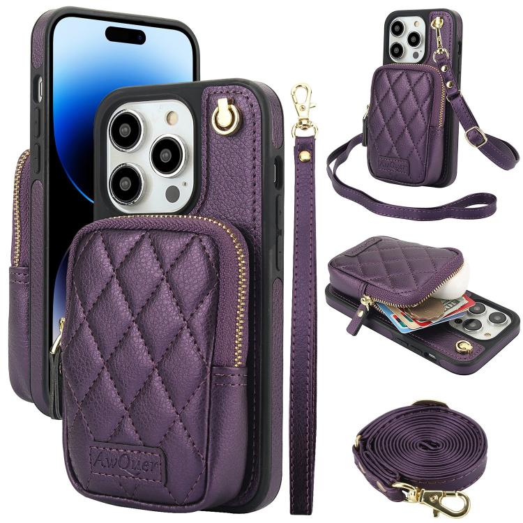 Cartera con cremallera y bandolera AwQuer, funda de piel de lichi para teléfono, For iPhone 15 Plus, For iPhone 15, For iPhone 14 Plus, For iPhone 14 / 13, For iPhone 14 Pro, For iPhone 14 Pro Max