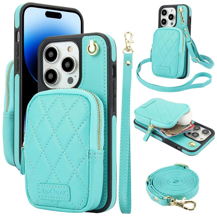 Cartera con cremallera y bandolera AwQuer, funda de piel de lichi para teléfono, For iPhone 15 Plus, For iPhone 15, For iPhone 14 Plus, For iPhone 14 / 13, For iPhone 14 Pro, For iPhone 14 Pro Max