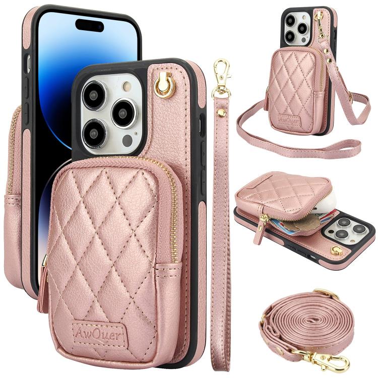 Cartera con cremallera y bandolera AwQuer, funda de piel de lichi para teléfono, For iPhone 15 Plus, For iPhone 15, For iPhone 14 Plus, For iPhone 14 / 13, For iPhone 14 Pro, For iPhone 14 Pro Max
