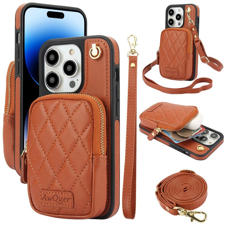 Cartera con cremallera y bandolera AwQuer, funda de piel de lichi para teléfono, For iPhone 15 Plus, For iPhone 15, For iPhone 14 Plus, For iPhone 14 / 13, For iPhone 14 Pro, For iPhone 14 Pro Max