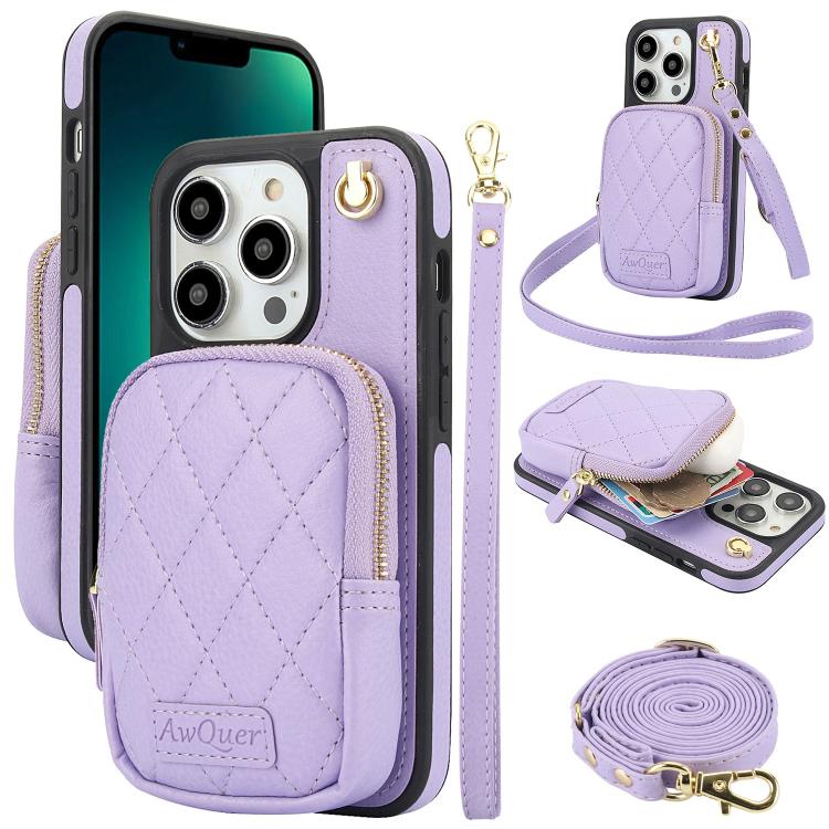 Cartera con cremallera y bandolera AwQuer, funda de piel de lichi para teléfono, For iPhone 13 Pro Max, For iPhone 13 Pro, For iPhone 12 / 12 Pro, For iPhone 12 Pro Max, For iPhone 11 Pro Max, For iPhone 11