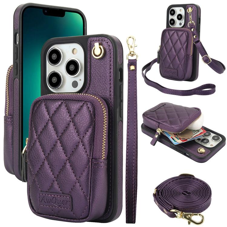 Cartera con cremallera y bandolera AwQuer, funda de piel de lichi para teléfono, For iPhone 13 Pro Max, For iPhone 13 Pro, For iPhone 12 / 12 Pro, For iPhone 12 Pro Max, For iPhone 11 Pro Max, For iPhone 11