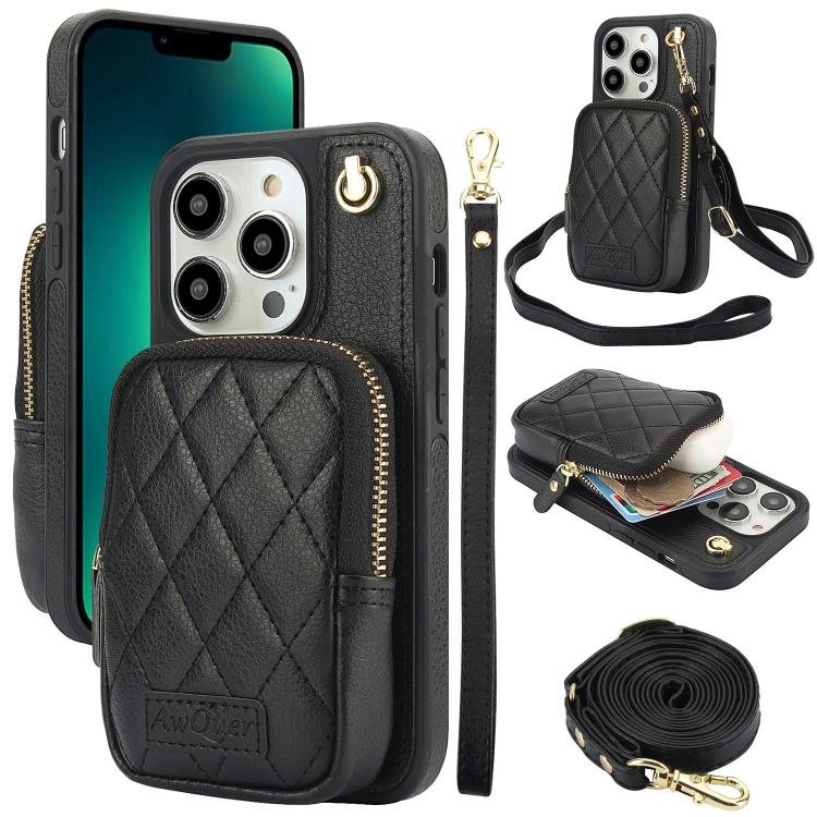 Cartera con cremallera y bandolera AwQuer, funda de piel de lichi para teléfono, For iPhone 13 Pro Max, For iPhone 13 Pro, For iPhone 12 / 12 Pro, For iPhone 12 Pro Max, For iPhone 11 Pro Max, For iPhone 11