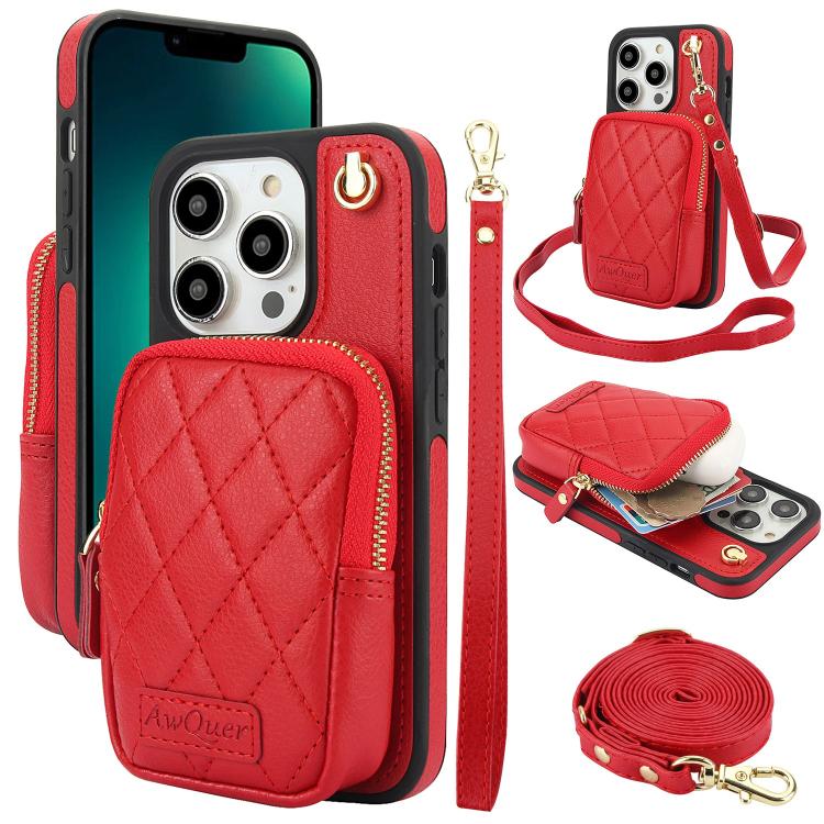 Cartera con cremallera y bandolera AwQuer, funda de piel de lichi para teléfono, For iPhone 13 Pro Max, For iPhone 13 Pro, For iPhone 12 / 12 Pro, For iPhone 12 Pro Max, For iPhone 11 Pro Max, For iPhone 11