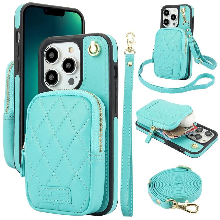 Cartera con cremallera y bandolera AwQuer, funda de piel de lichi para teléfono, For iPhone 13 Pro Max, For iPhone 13 Pro, For iPhone 12 / 12 Pro, For iPhone 12 Pro Max, For iPhone 11 Pro Max, For iPhone 11