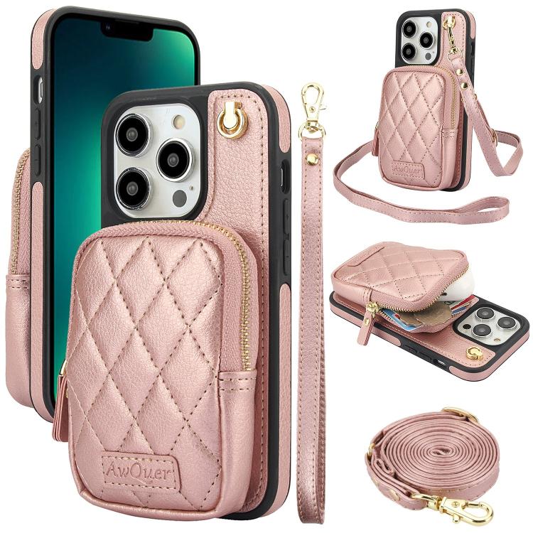 Cartera con cremallera y bandolera AwQuer, funda de piel de lichi para teléfono, For iPhone 13 Pro Max, For iPhone 13 Pro, For iPhone 12 / 12 Pro, For iPhone 12 Pro Max, For iPhone 11 Pro Max, For iPhone 11